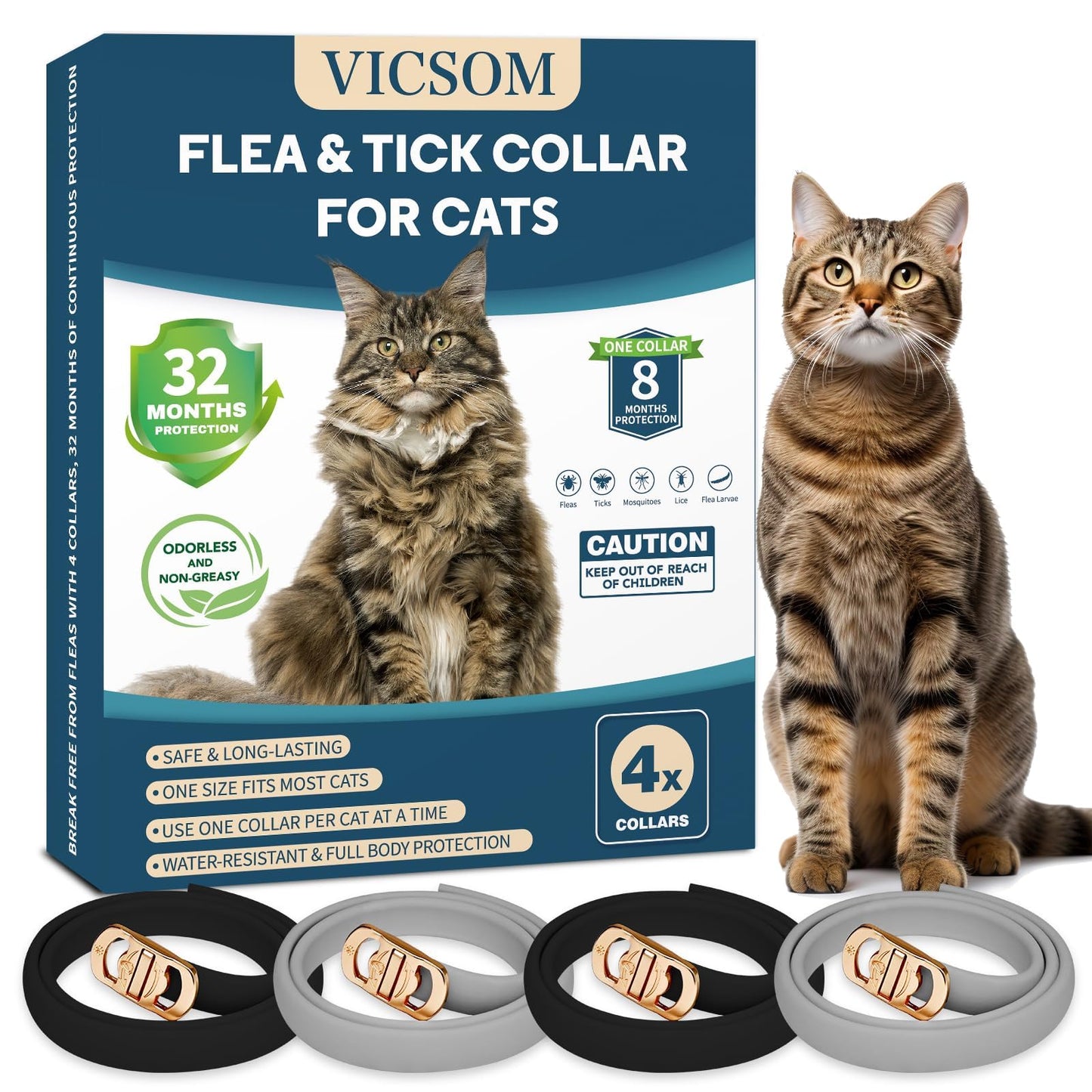 32-Month Cat Flea & Tick Collar 4-Pack - Waterproof and Adjustable